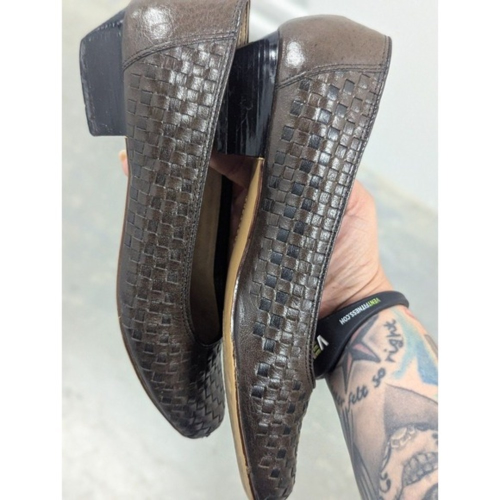 Vintage Boho Woven Block Heels Trotters Old Money Preppy Office Brown Pumps 7N